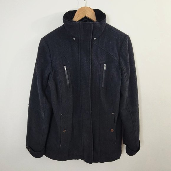 London Fog – Women Wool Faux Fur Trim Winter Jacket/Coat Charcoal Gray Medium - Picture 8 of 10